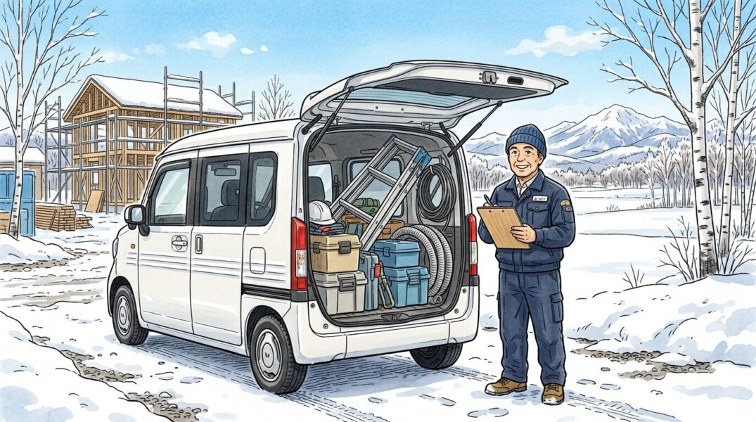 雪景色の北海道の現場前に停まる白い軽自動車と、後部に脚立や工具を積み込む電気工事士のイラスト──仕事用軽として活躍するN-BOXのリアルを表現