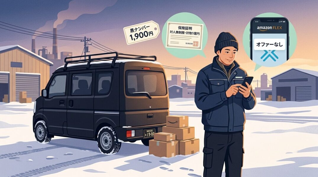 夜明けの札幌郊外で黒ナンバー軽バンの横に立つ作業服姿の日本人男性、手元のスマホにAmazon Flexアプリと「オファーなし」の通知、積まれた段ボール、隅に札幌東雁来へ赤いピンが立った北海道マップ、「黒ナンバー1,900円」のタグと「対人無制限・対物1億円」の保険証アイコンが浮かぶ、Amazon Flex北海道稼働の現実を象徴するイラスト。