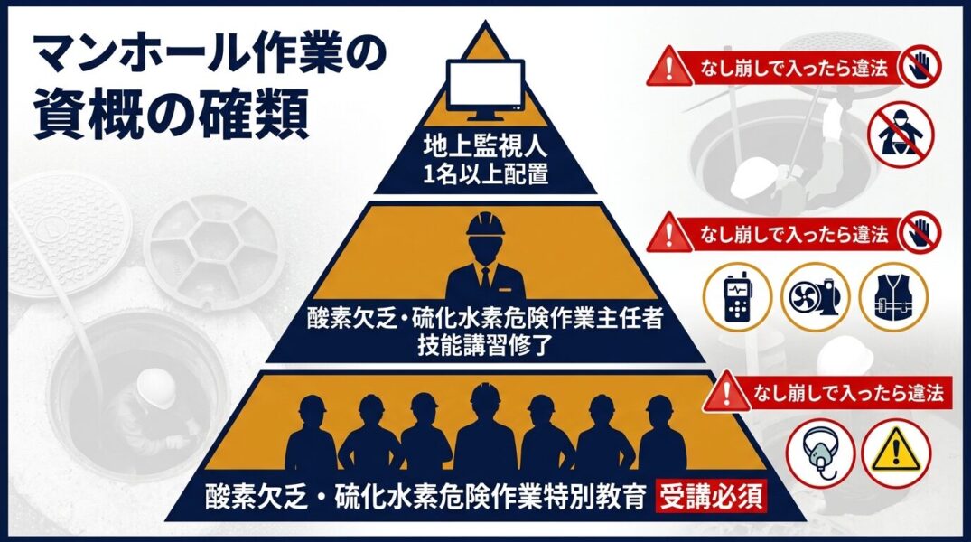 3段ピラミッドで、マンホール内作業の資格と役割を明確に示したインフォグラフィック