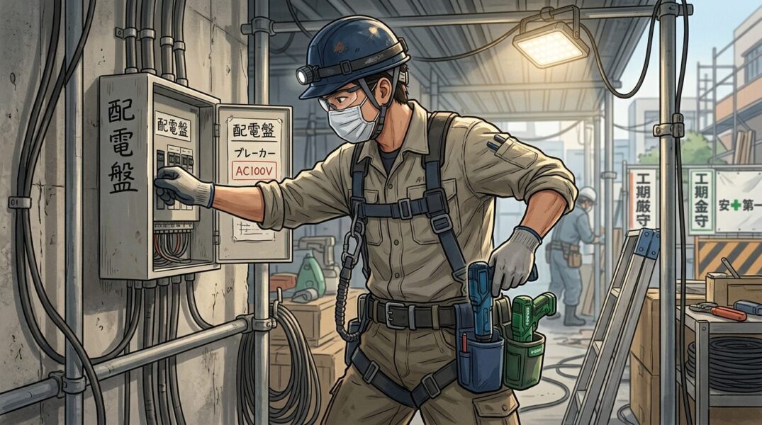 電気工事の現場でマキタとハイコーキのペン型インパクトドライバーを比較する職人のイラスト。

