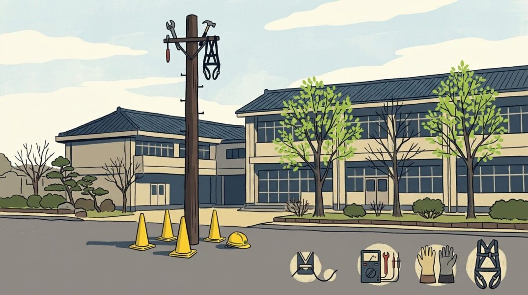 中学校敷地内の電柱と地上に置かれたヘルメット・安全帯を描いた、電気工事士の労災事故を追悼するイラスト