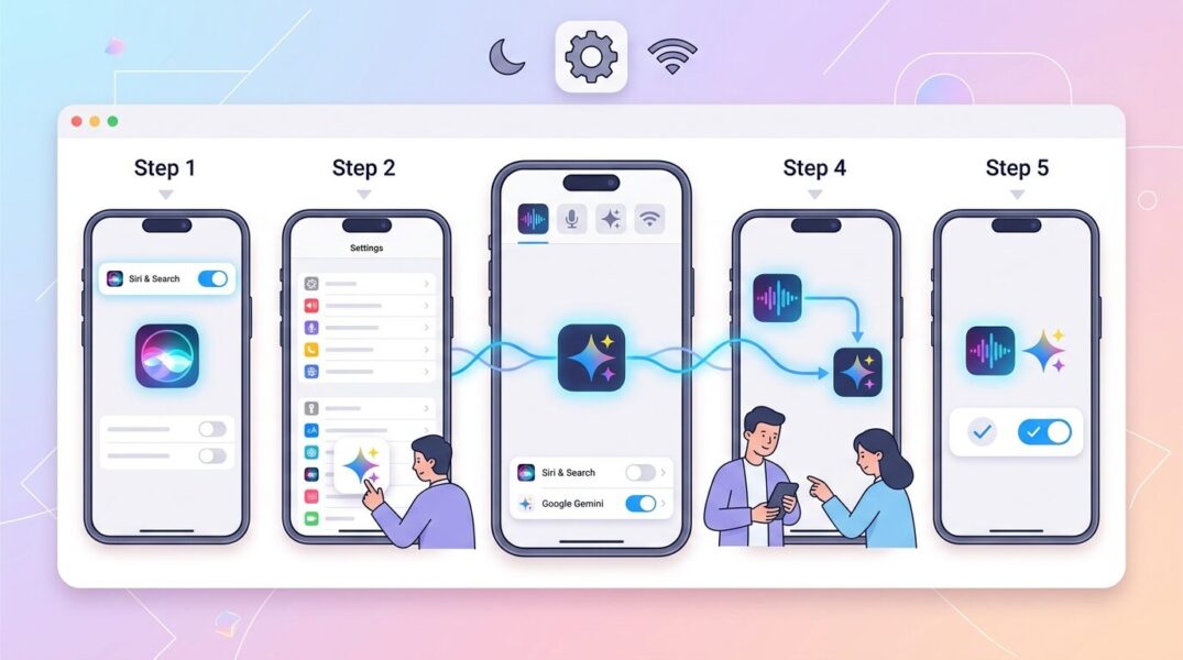  iPhoneの設定画面でGemini版Siriを有効化する手順を示したイラスト