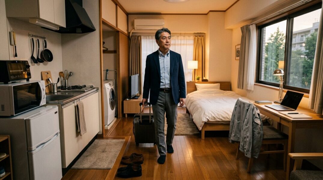 スーツケース一つで入居できるレオパレス21のマンスリー物件に到着した長期出張者