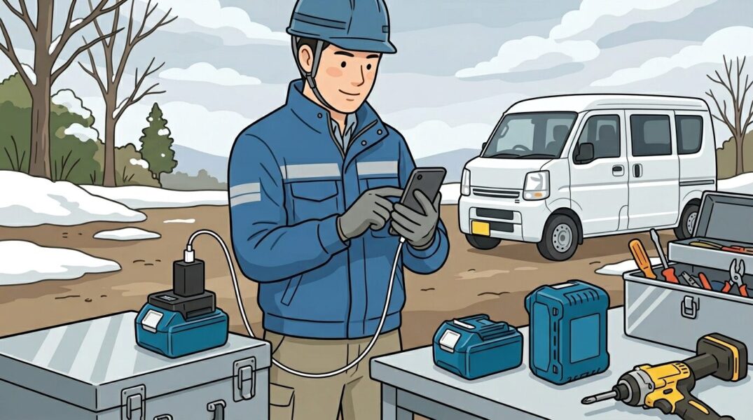マキタのバッテリーにUSBアダプタを取り付け、電気工事現場でスマートフォンを充電している職人のイラスト。ADP15とADP002Gの現場・出張・防災用途を表現。