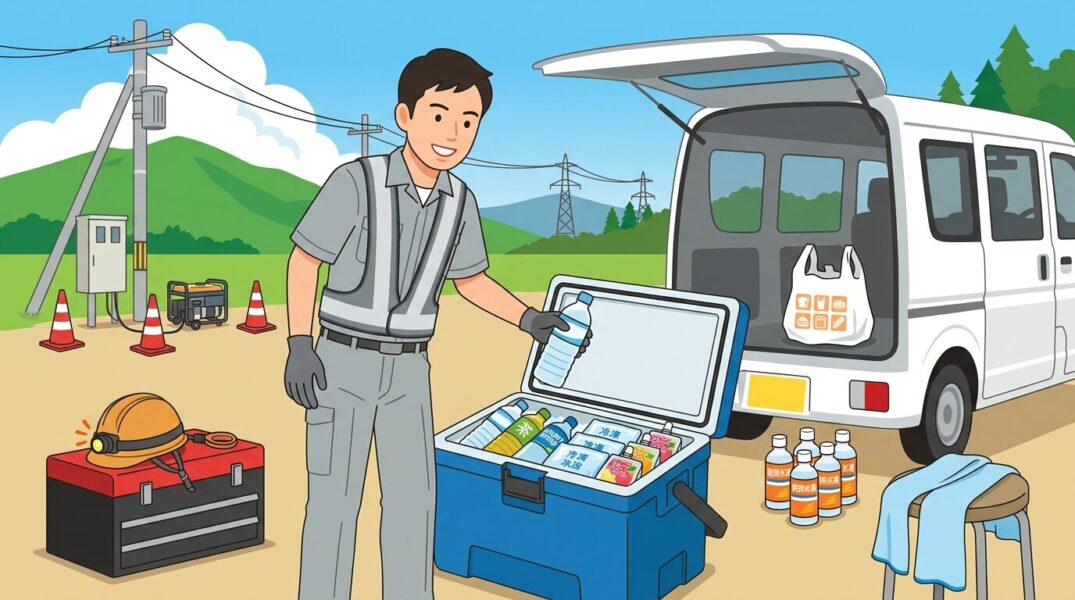夏の電気工事現場で、作業員が充電式保冷温庫CW006Gから冷たい飲み物を取り出しているイラスト。コンビニ飲料やドラッグストアの熱中症対策グッズを保冷している様子。