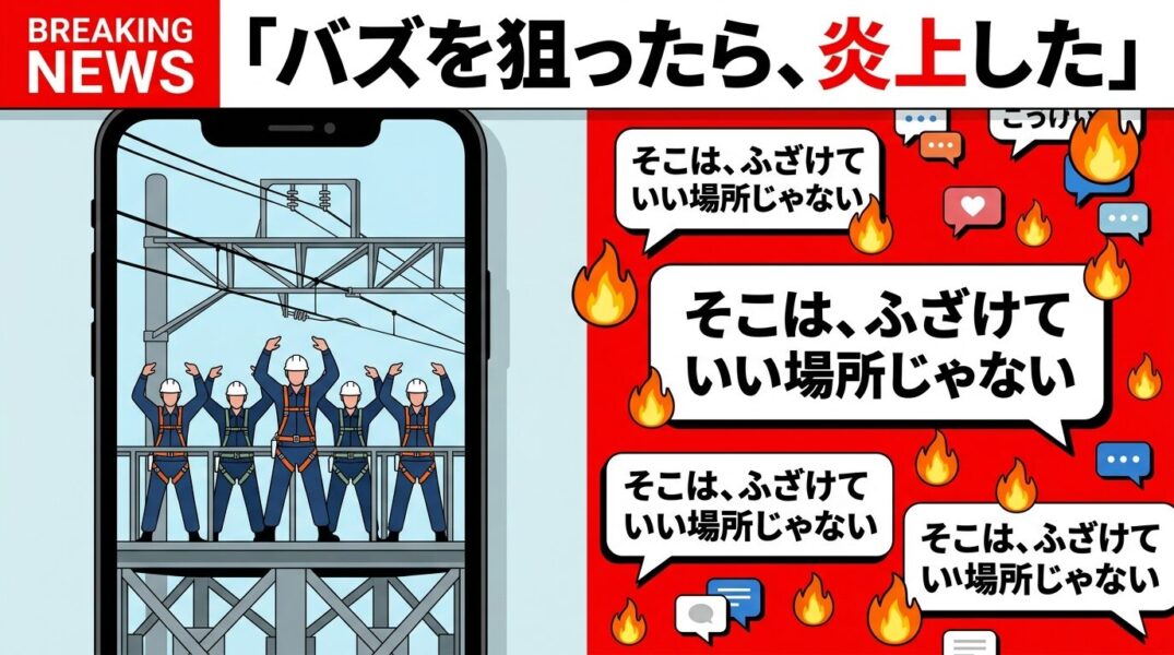 訓練用架線設備の上でダンスする作業員のTikTok動画と、SNS炎上反応を描いたニュース系イラスト