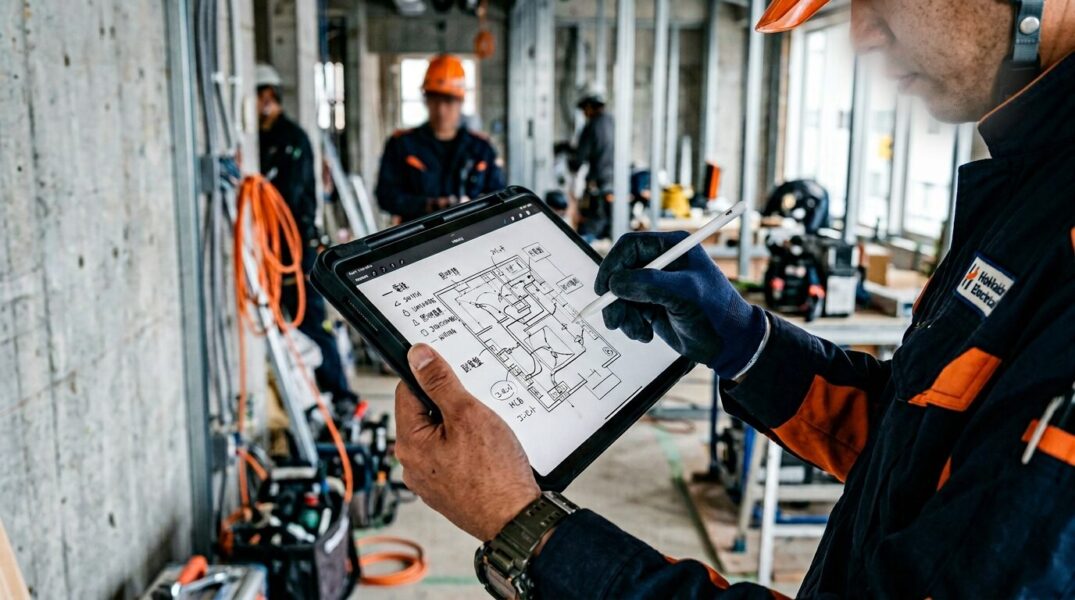  iPad Air M4とApple Pencil Proで電気配線図を現場で手書きするイメージイラスト
