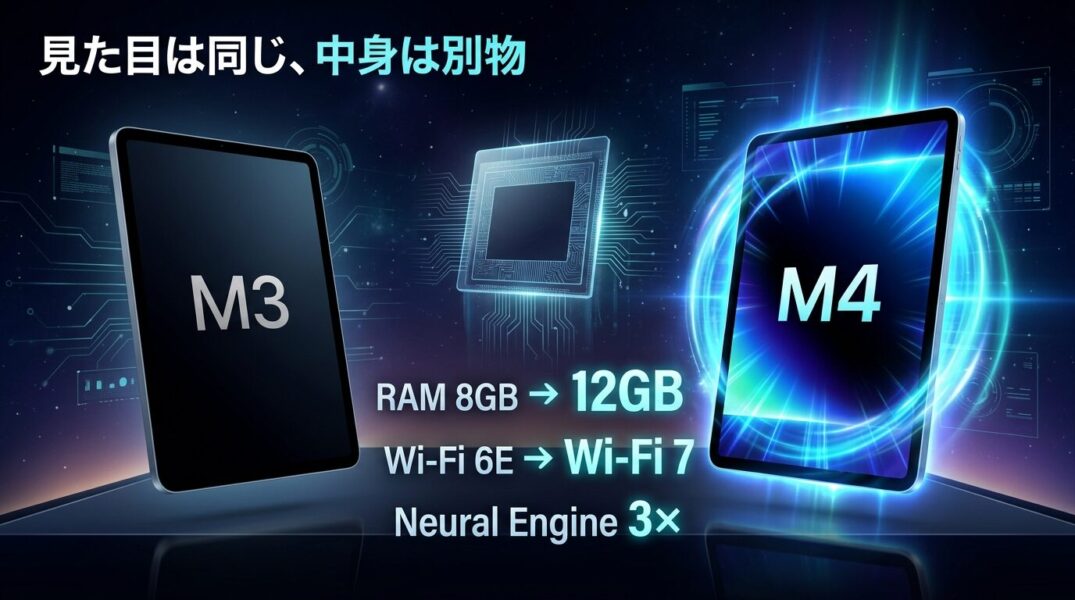 iPad Air M3とM4を並べてスペック進化を比較するテクノロジーイメージ
