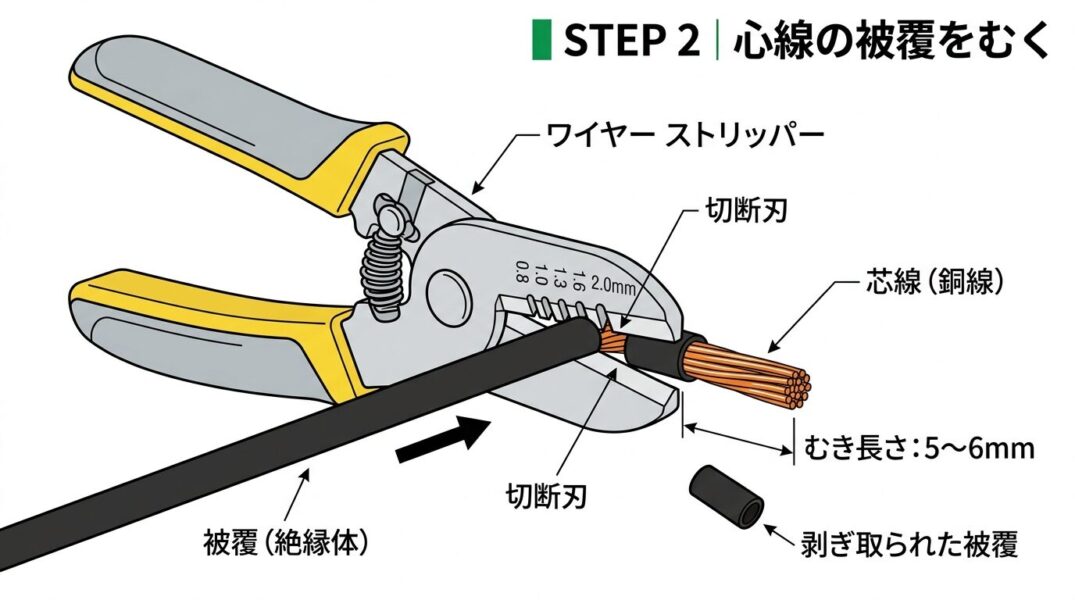 心線の被覆をむく - ワイヤーストリッパー図解