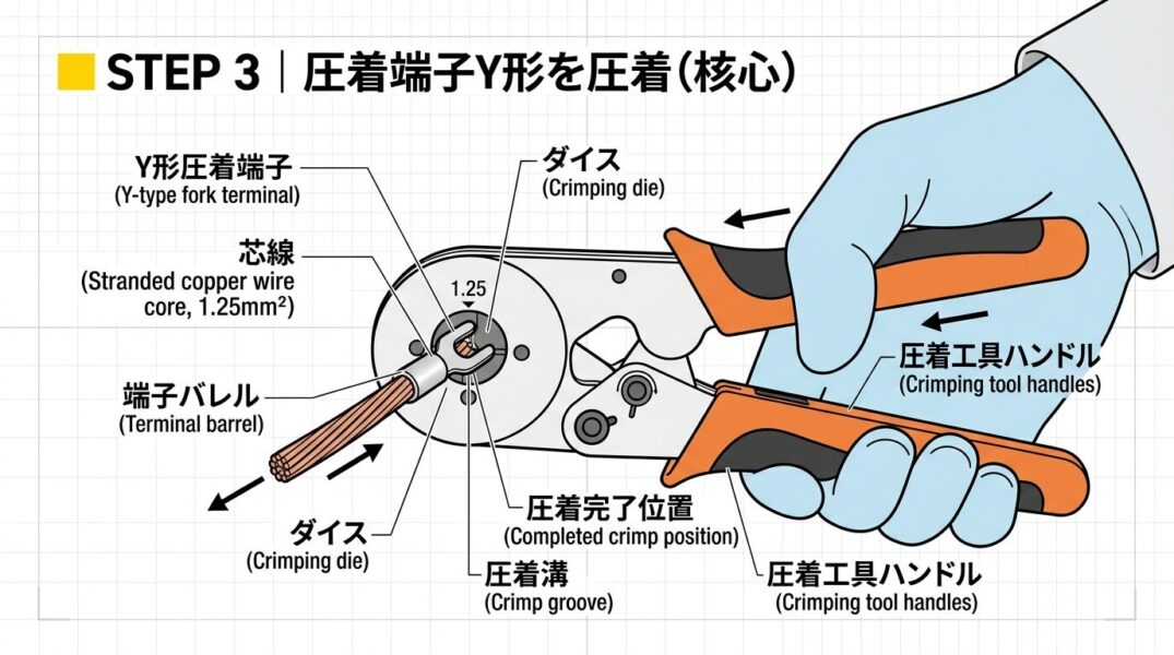 圧着端子Y形を圧着 - 圧着工具の使い方図解