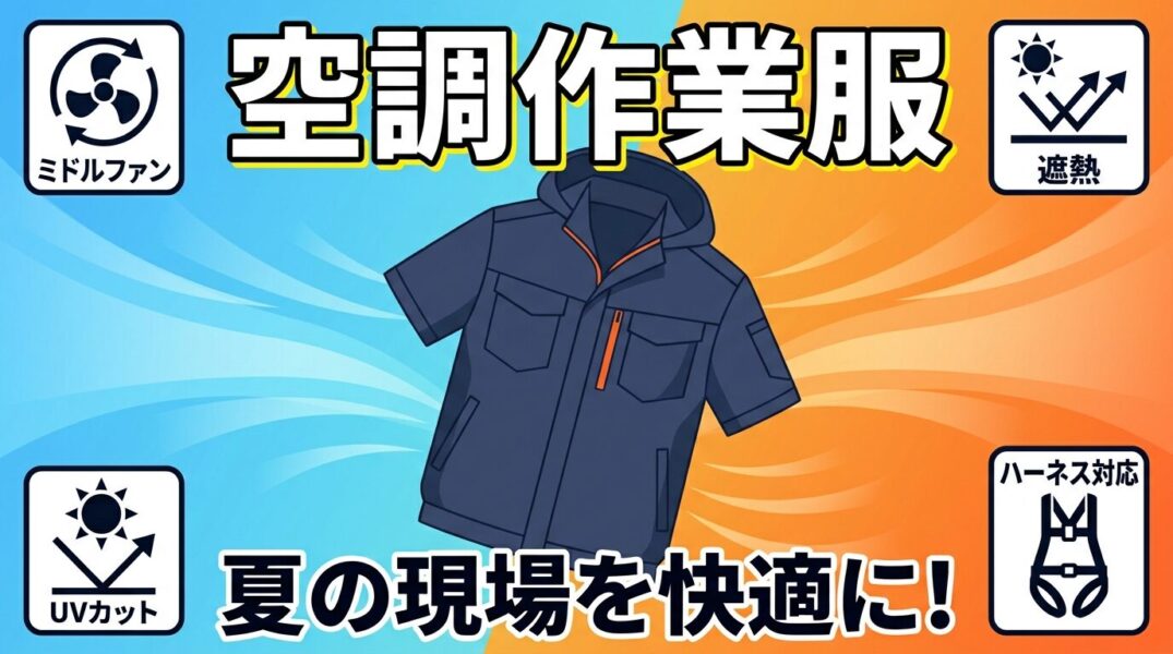 空調作業服V1127の機能（ミドルファン・遮熱・UVカット・ハーネス対応）を表したイラスト