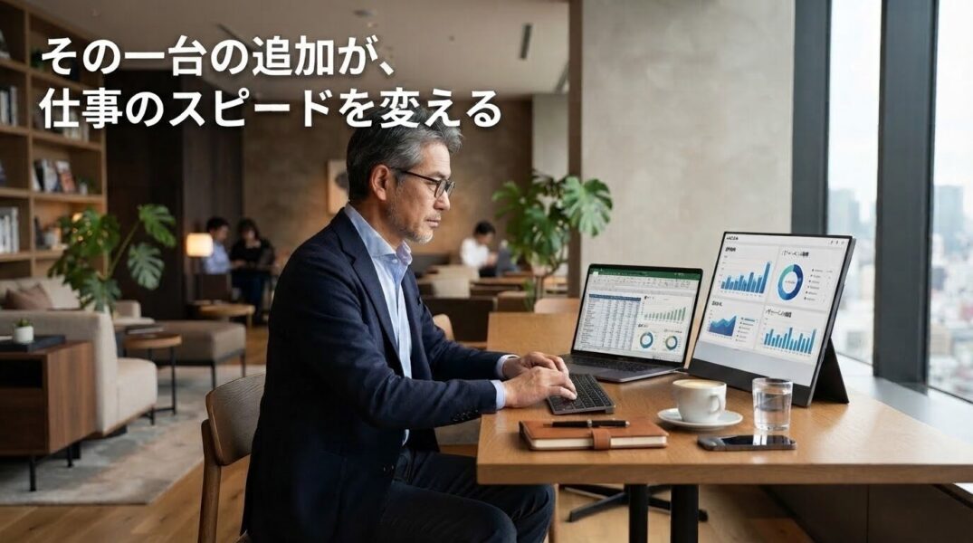 出張先でノートPCとモバイルモニターを二画面接続して作業する様子
