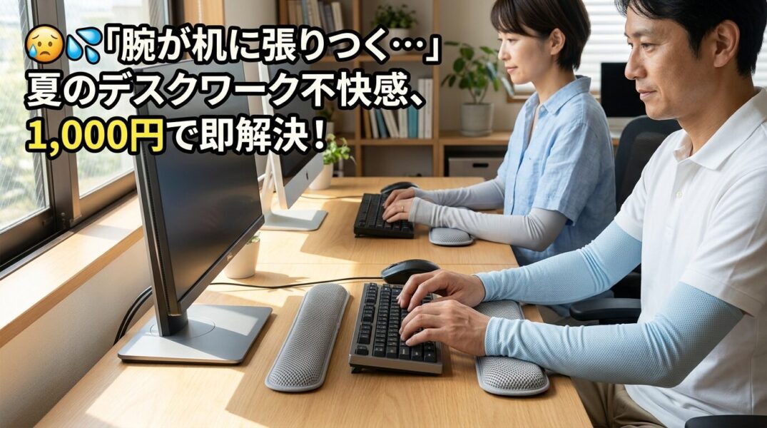 夏のデスクワークで腕の汗・べたつきを解消する冷感アームカバーとメッシュリストレストのイメージ