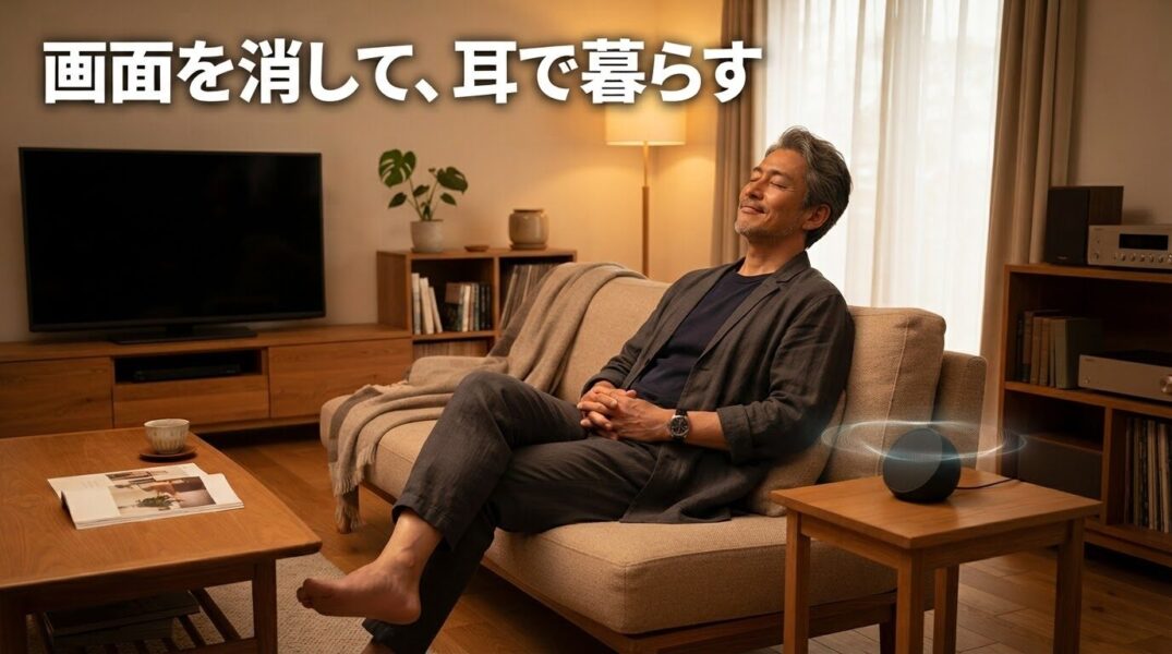 テレビを見ずにスマートスピーカーで音楽を楽しむリラックスした様子