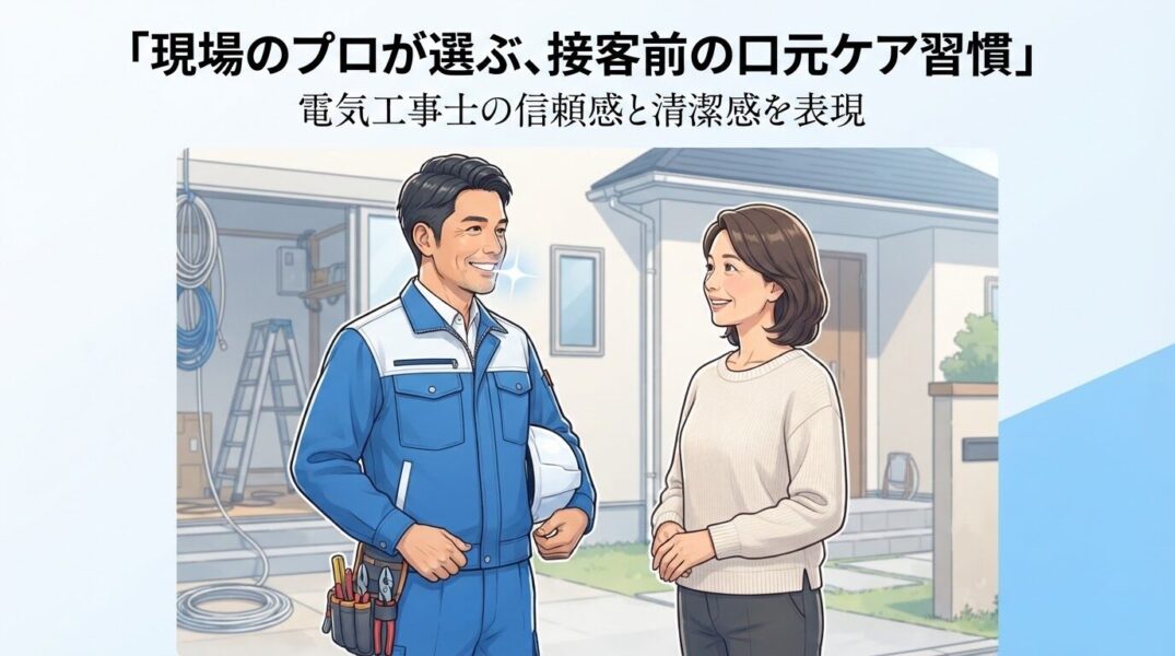 「現場仕事の電気工事士がお客様と接客する際の清潔感をイメージしたイラスト」