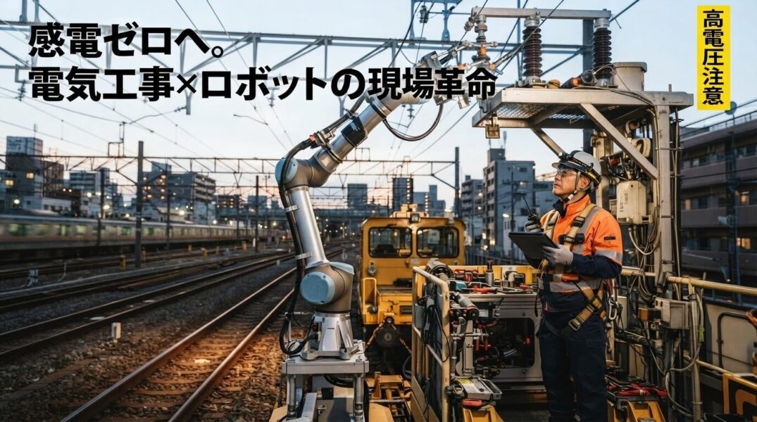 「電気工事現場でロボットが高所の感電リスク作業を代行するイメージ」