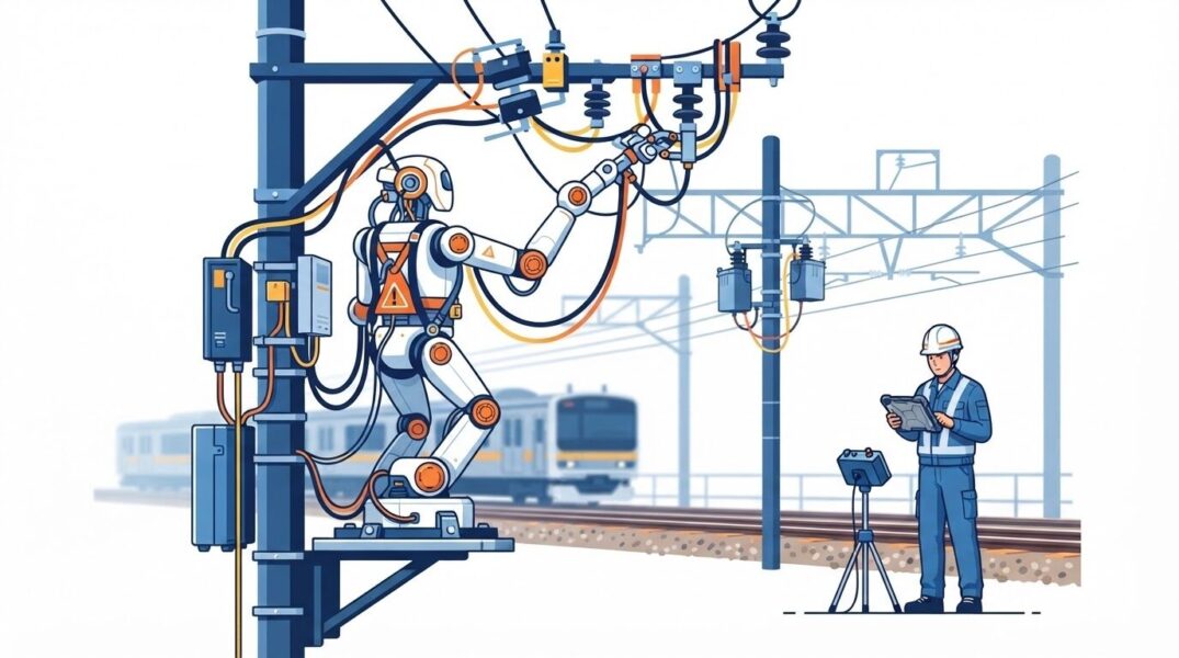 「電気工事現場でロボットが高所の感電リスク作業を代行するイメージ」