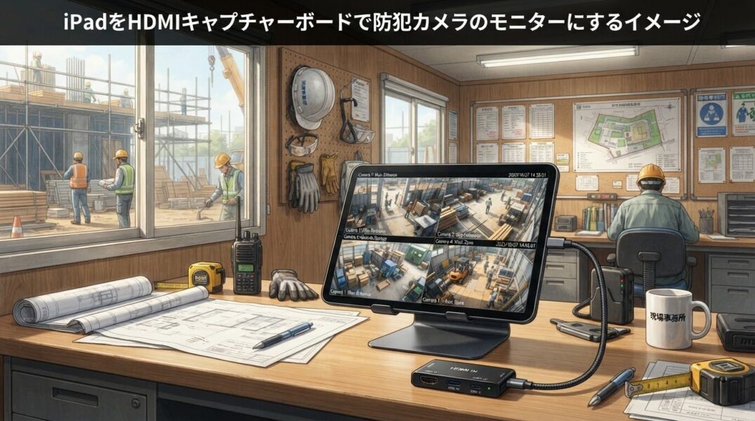 HDMIキャプチャーボードとOrionアプリでiPadを防犯カメラモニターとして使用しているイメージ画像
