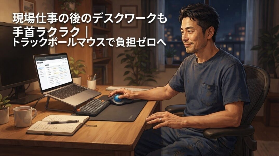 現場仕事とデスクワークの二刀流でも手首への負担を軽減するトラックボールマウスの使用イメージ
