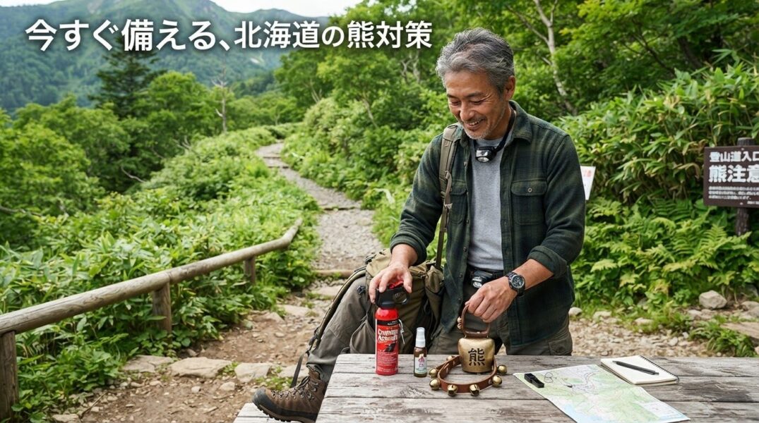 「北海道でのクマ対策グッズ(熊撃退スプレー・熊鈴・忌避剤)を確認する作業員のイラスト」