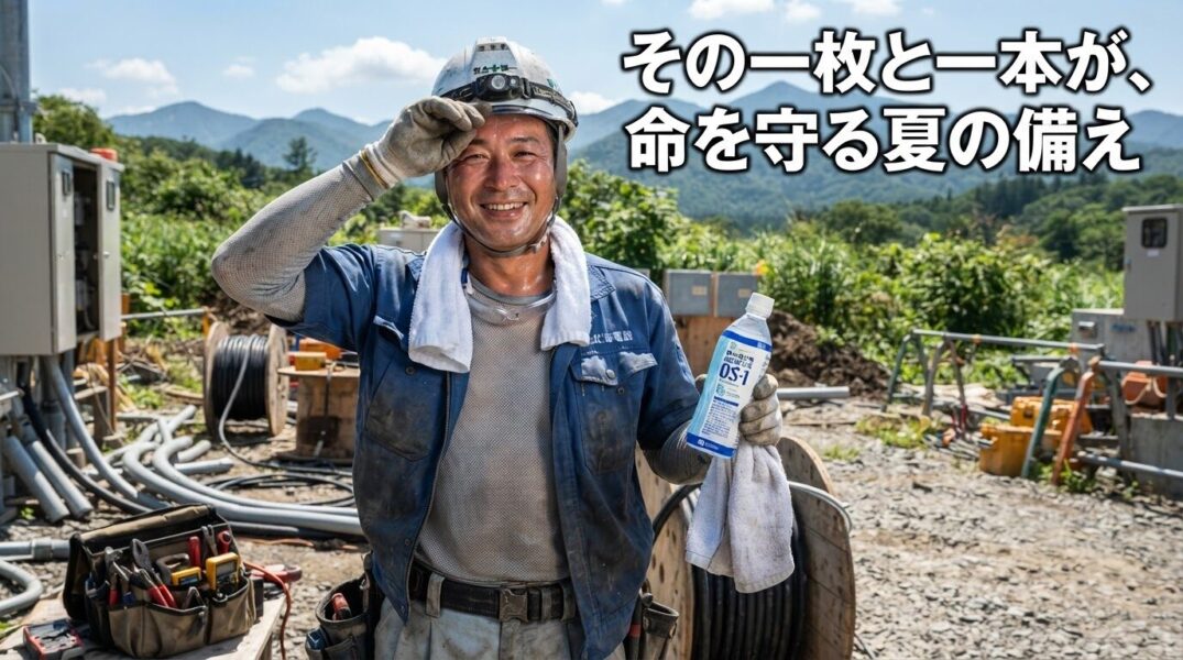 冷感長袖と経口補水液を使った夏の熱中症対策イラスト