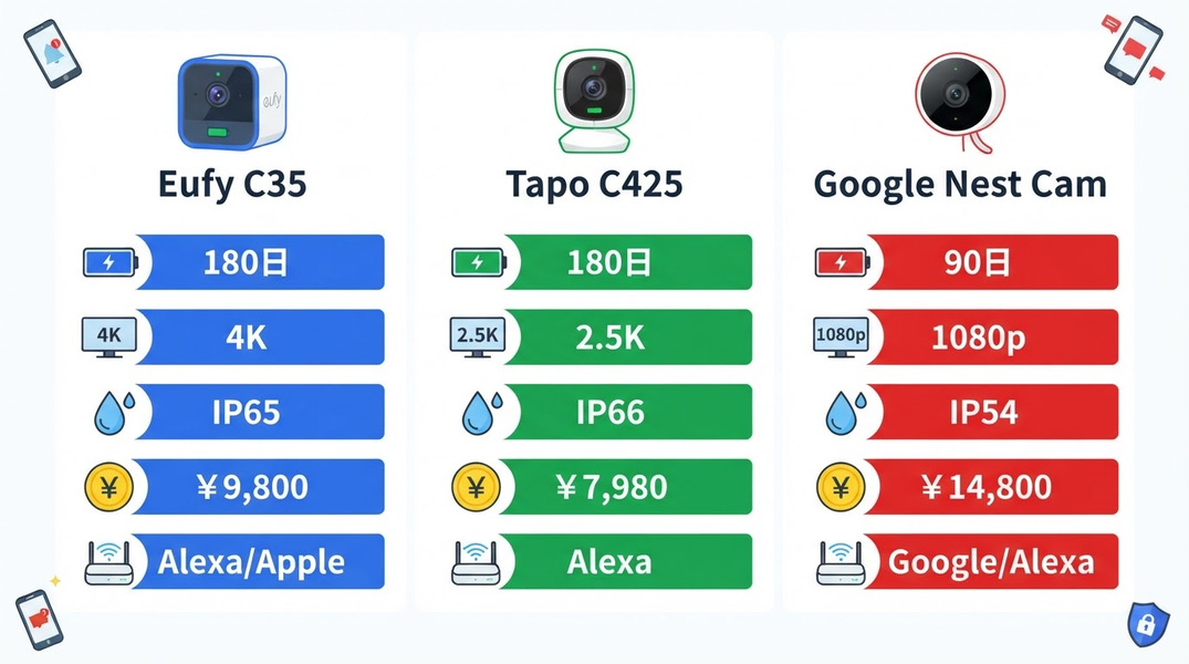 Eufy C35・Tapo C425・Google Nest Camのスペック3機種比較イラスト図解