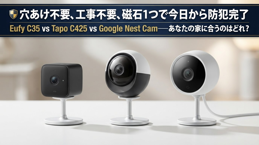 EufyC35・TapoC425・Google Nest Camの3機種マグネット式防犯カメラ比較写真