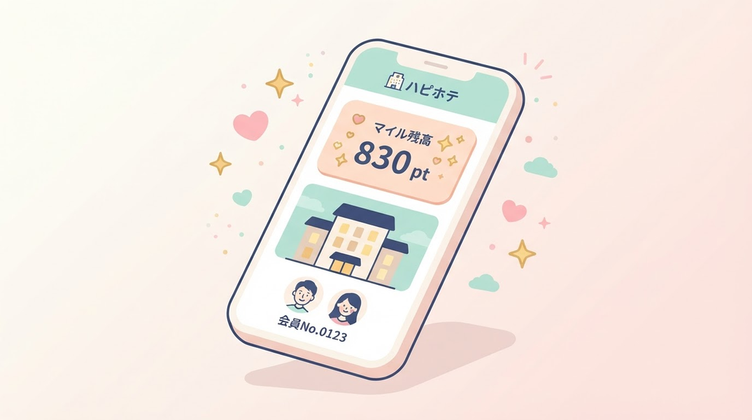 「ハピホテアプリでマイルを確認するカップルのイメージ」イラスト