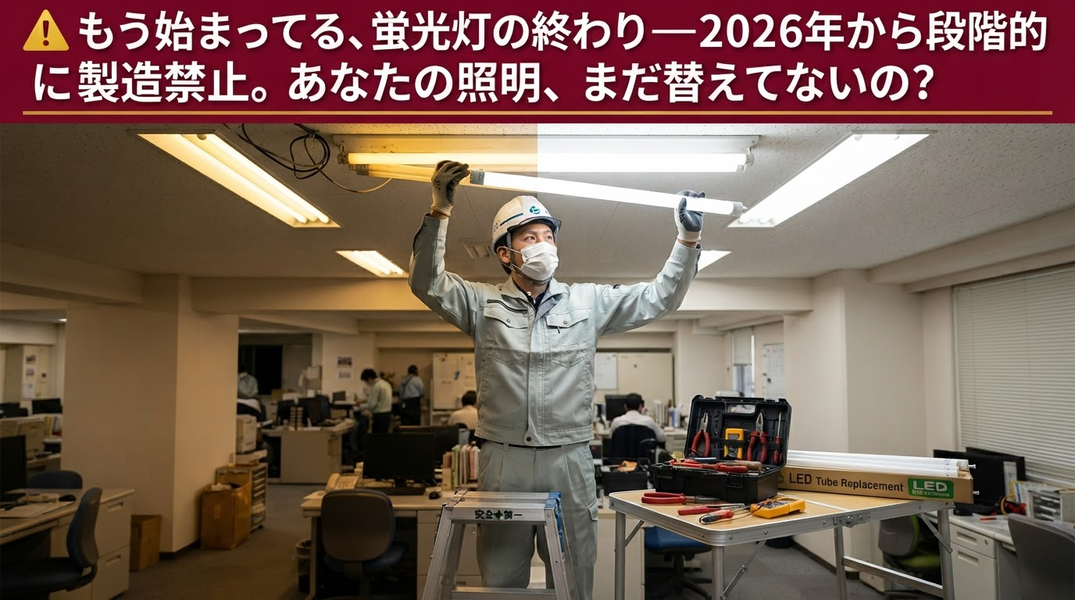 蛍光灯の世界的製造禁止とLED切替えを解説する記事のアイキャッチ。水俣条約・水銀規制・2027年問題をイメージしたビジュアル。