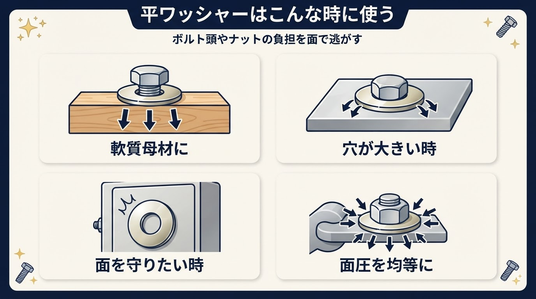 4つの場面を1枚にぎゅっと凝縮
🪵 軟質母材（木材・樹脂・アルミ）への締結
🕳️ 大きすぎる穴のカバー
⚡ 電気ボックスのパネル保護
⚙️ 機械接合部の面圧分散