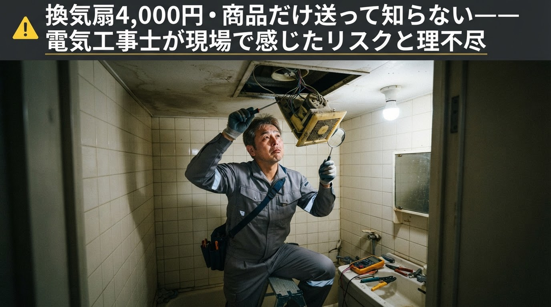 天井を開けて固着した換気扇本体の前で作業中断する北海道の電気工事士・現場トラブルのリアルな瞬間