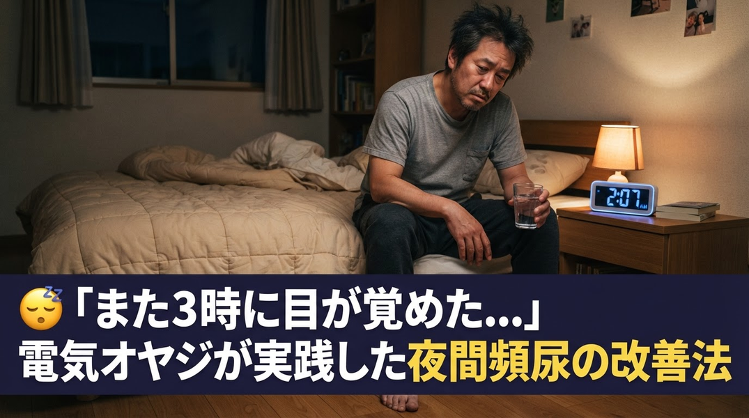 夜中にトイレで目が覚めた50代男性が疲れた表情でベッドに座っている様子