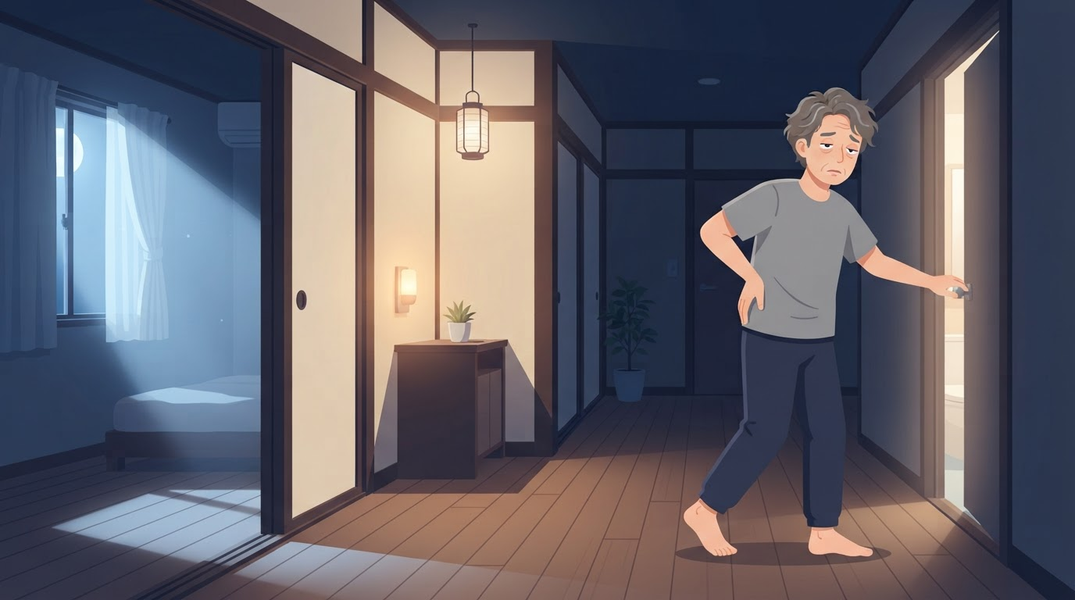 夜間頻尿で夜中にトイレへ向かう中年男性のイラスト