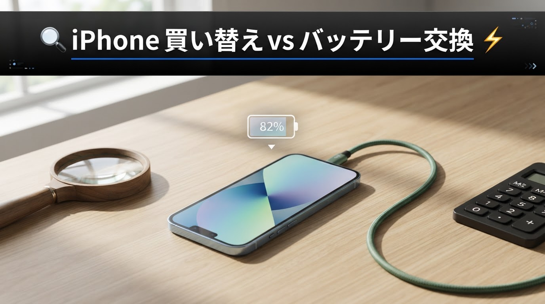  iPhoneのバッテリー交換と買い替えどちらがお得かを示す、比較イメージの画像